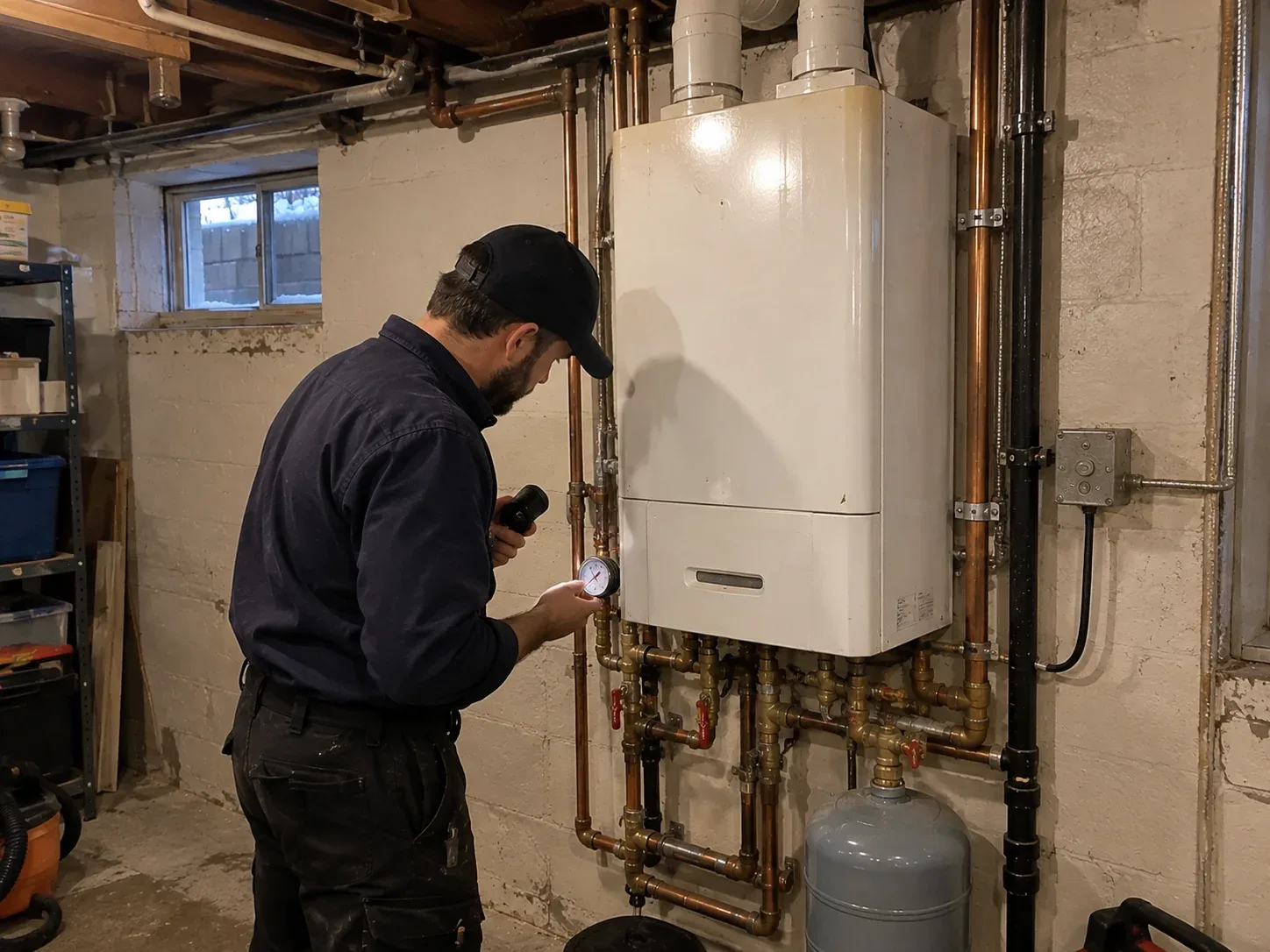 Technician servicing a wall-mounted boiler in a Hamilton home