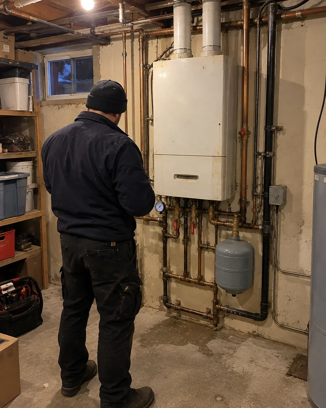 Boiler repair near me in Hamilton — technician testing an older boiler