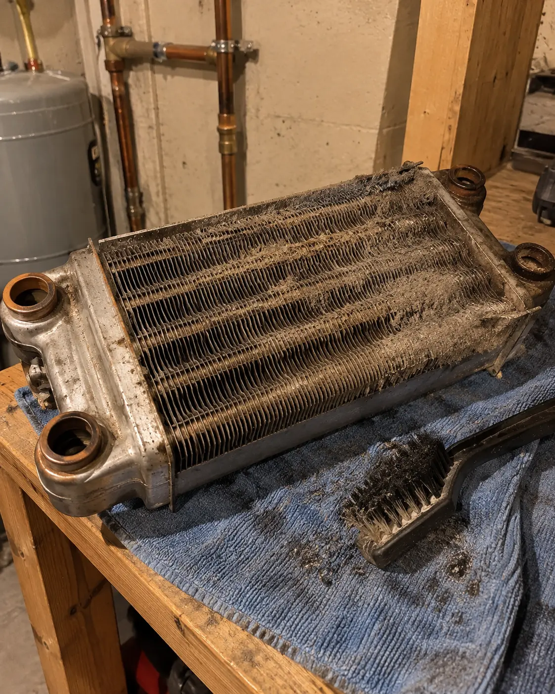Boiler cleaning Hamilton — residential heat exchanger before cleaning