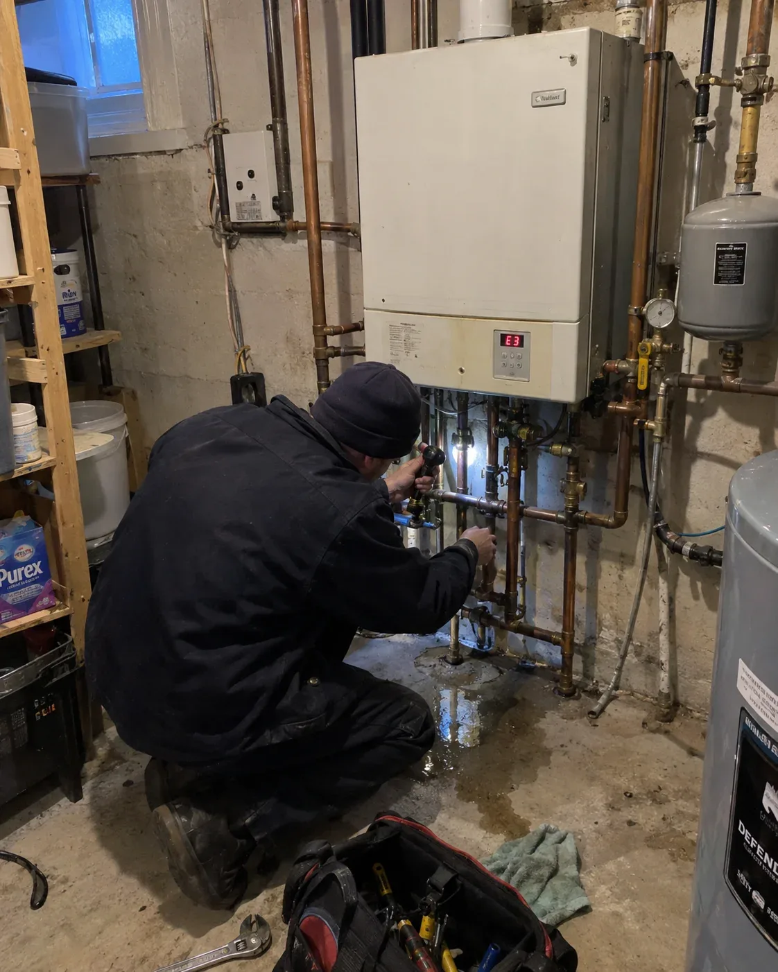 Boiler technician arriving with a tool case at a Hamilton home on a winter evening